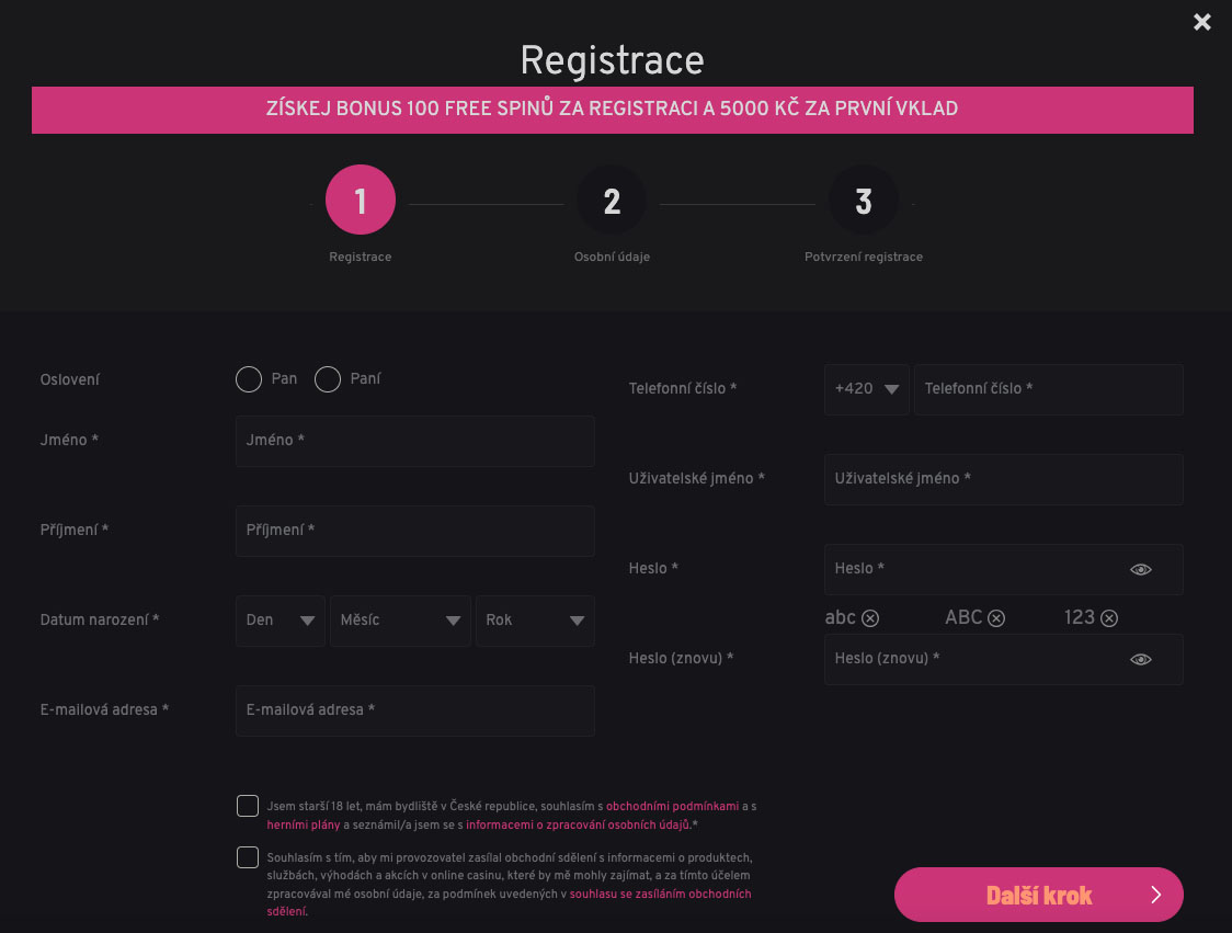 Registrace u Apollo Casina