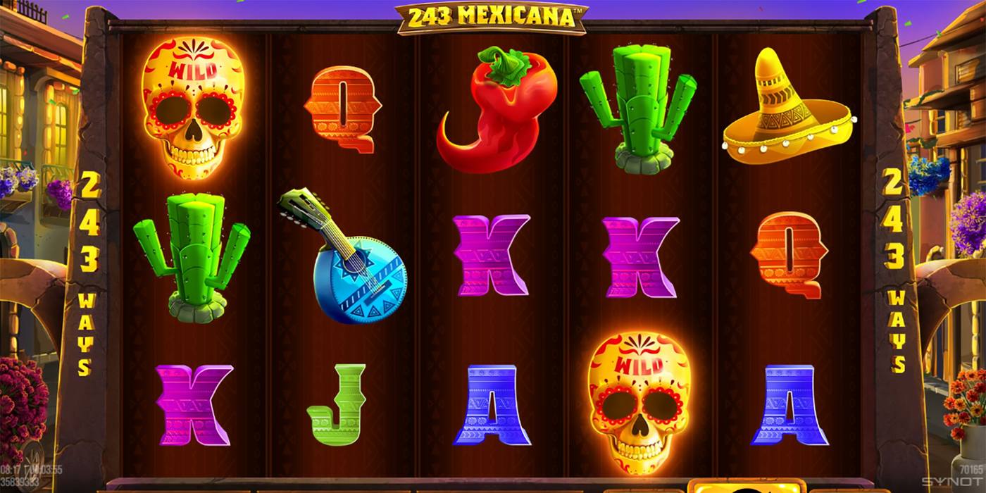 Automat 243 Mexicana od Synot Games: 5 válců s lebkou Wild, chilli papričkou, kaktusem, kytarou, sombrerem a písmeny na mexické ulici