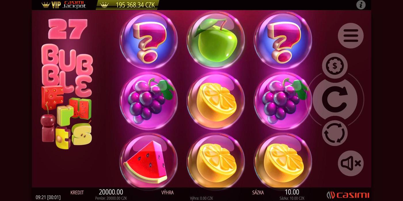 Automat 27 Bubble Fruits od Casimi: 3 válce s ovocem a symboly Mystery v bublinách v demu Fortuny