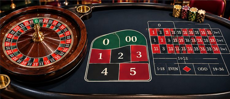 Výřez plátna americké rulety s poli 0 a 00 nad čísly 1, 2 a 3, na které se sází sázkou na pět čísel