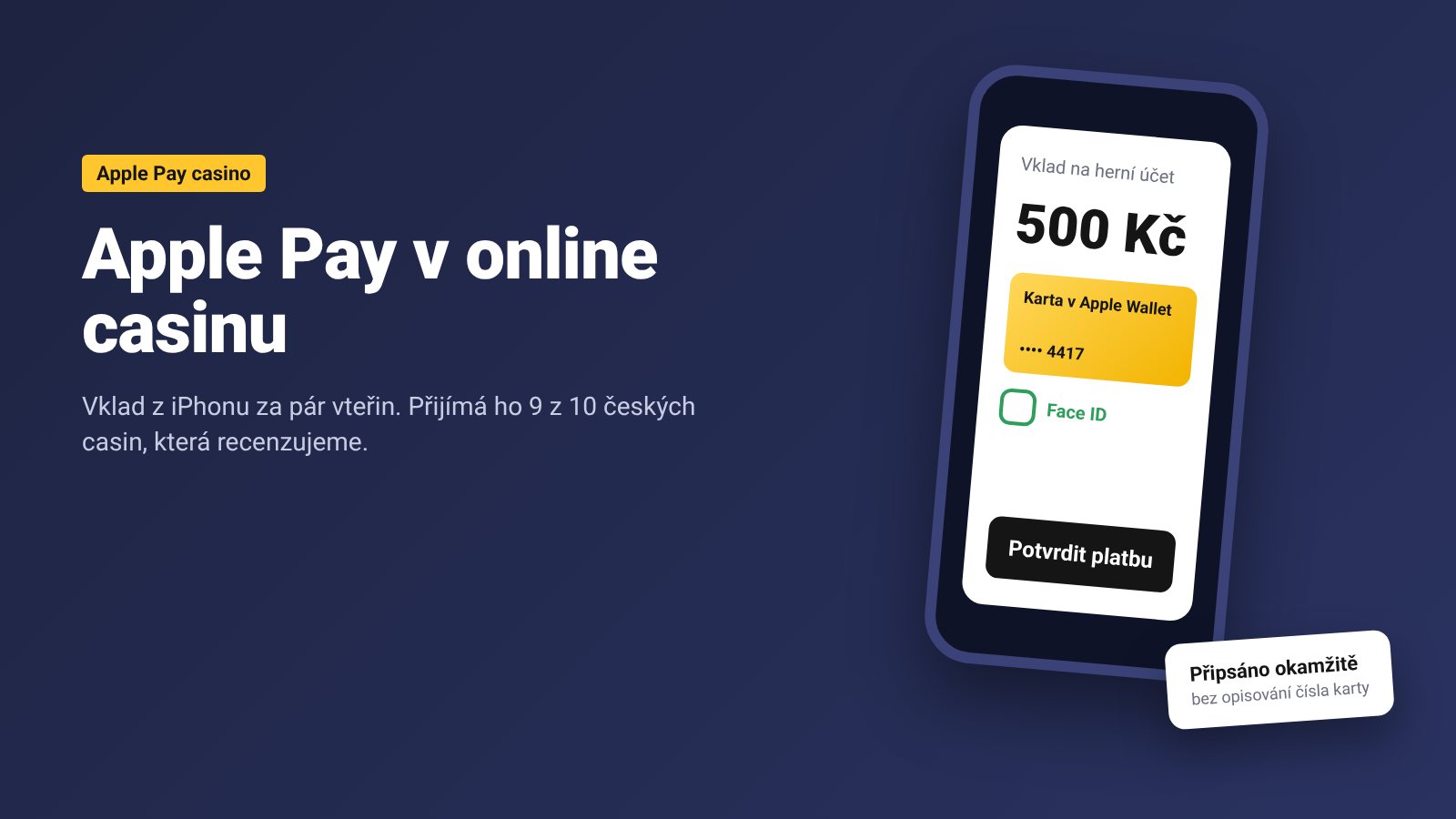 Apple Pay v online casinu: potvrzení vkladu 500 Kč v telefonu kartou z Apple Wallet přes Face ID