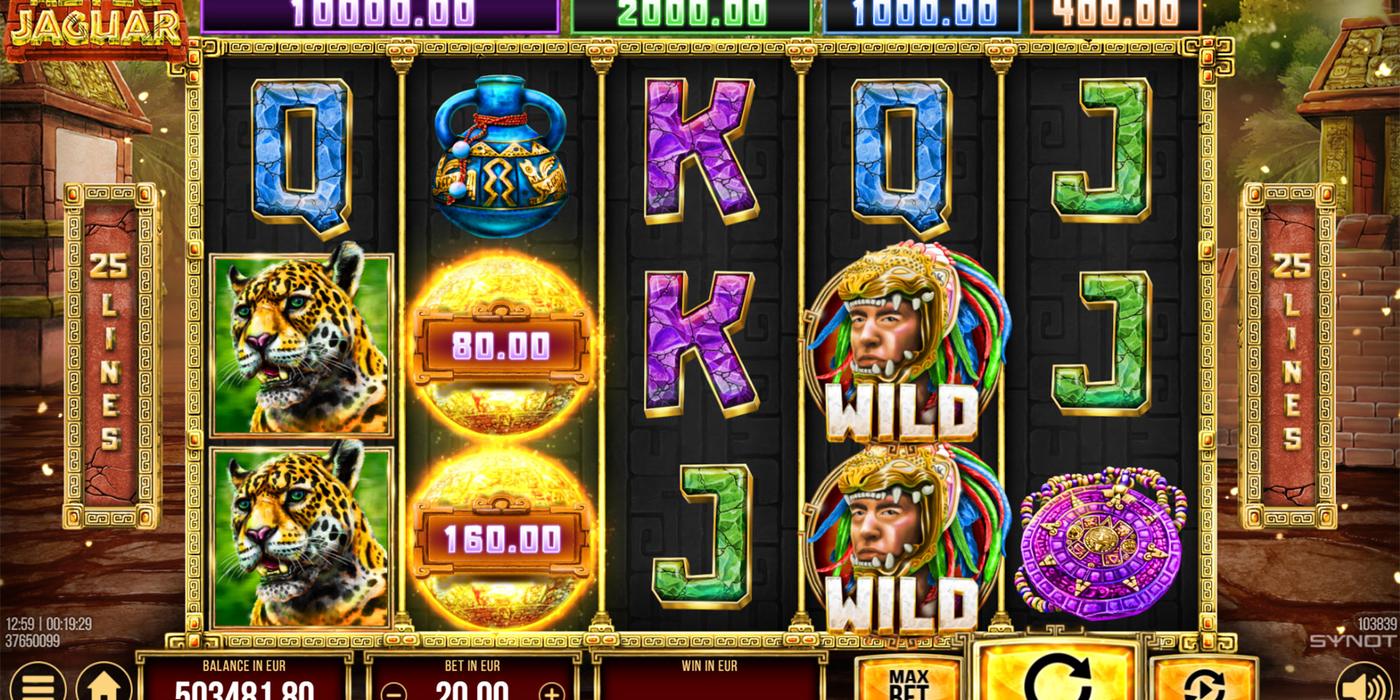 Automat Aztec Jaguar od Synot Games: válce s jaguárem, aztéckým bojovníkem jako Wildem a zlatými symboly Bonus pod ukazateli výher MINI, MINOR, MAJOR a GRAND
