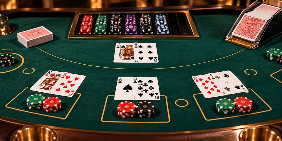Stůl blackjacku s kartami krupiéra a tří hráčů a žetony na zeleném plátně