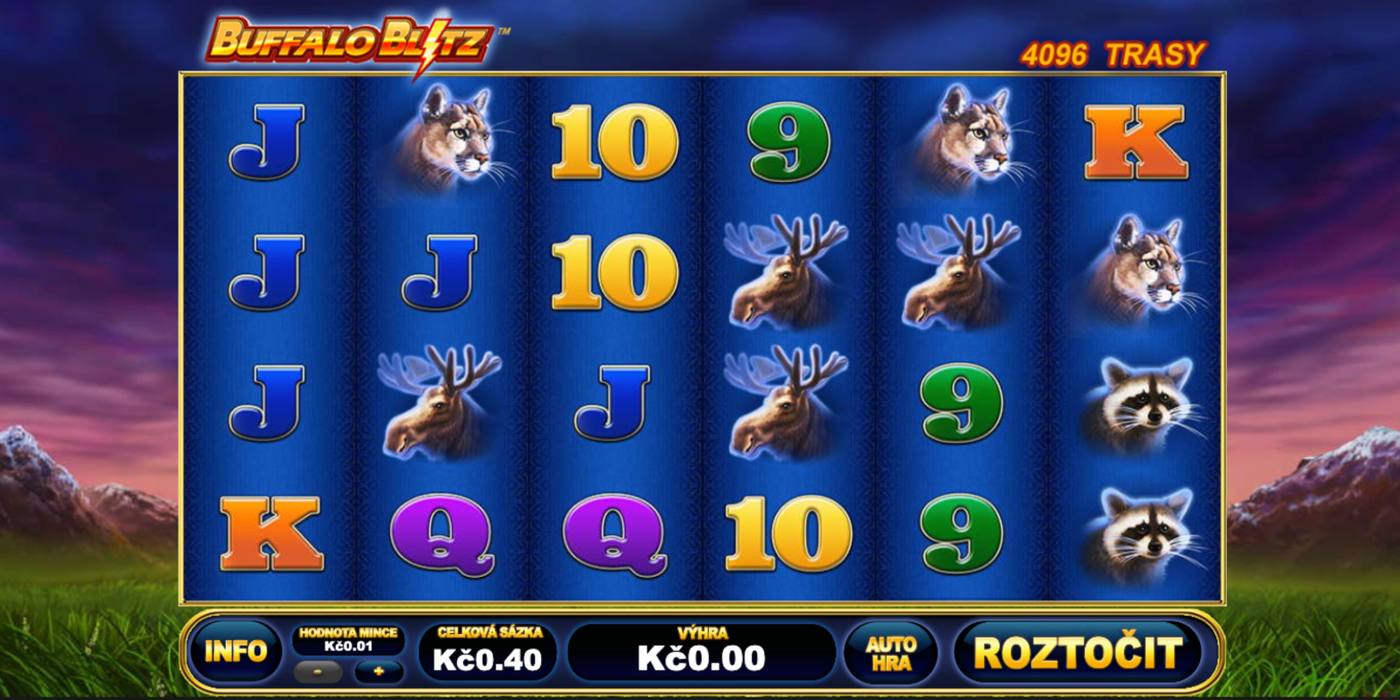 Automat Buffalo Blitz od Playtech: 6 válců s pumou, losem, mývalem a kartami na modrém pozadí