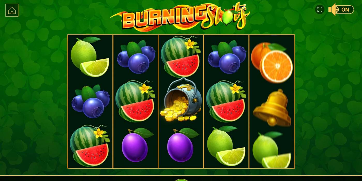 Automat Burning Slots od BF Games: 5 válců s limetkami, borůvkami, melouny, švestkami, zvonkem a hrncem zlatých mincí