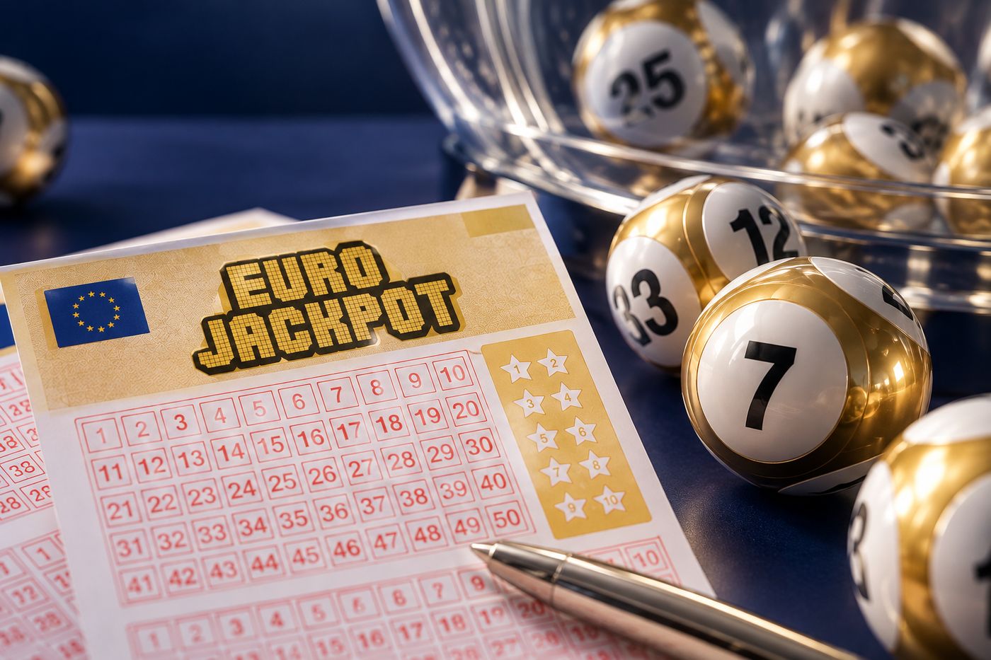 Ilustrační tiket Eurojackpotu s perem a zlatými loterijními koulemi