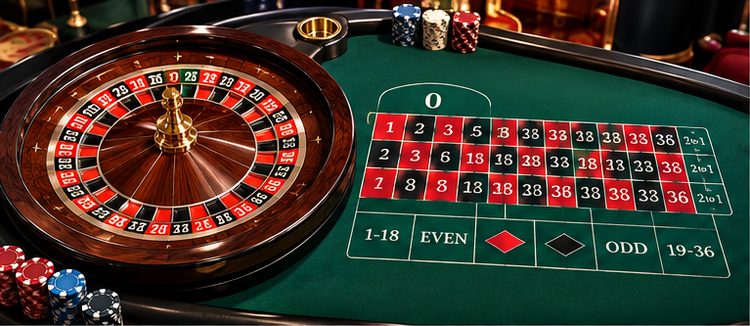 Ruletové kolo s jednou zelenou nulou vedle plátna evropské rulety s čísly a sázkami 1-18, sudá, červená, černá, lichá a 19-36