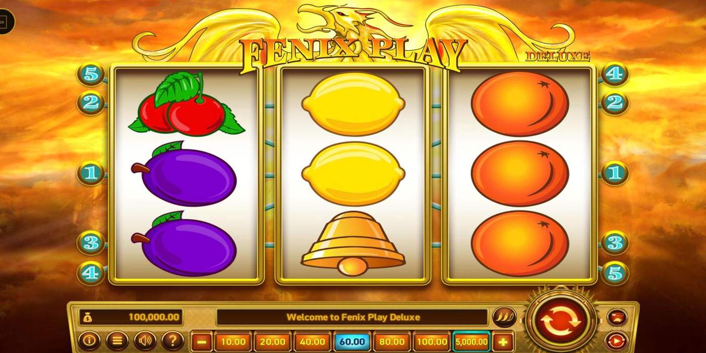 Automat Fenix Play Deluxe od Wazdanu: 3 válce s třešněmi, švestkami, citrony, zvonkem a pomeranči pod zlatým fénixem