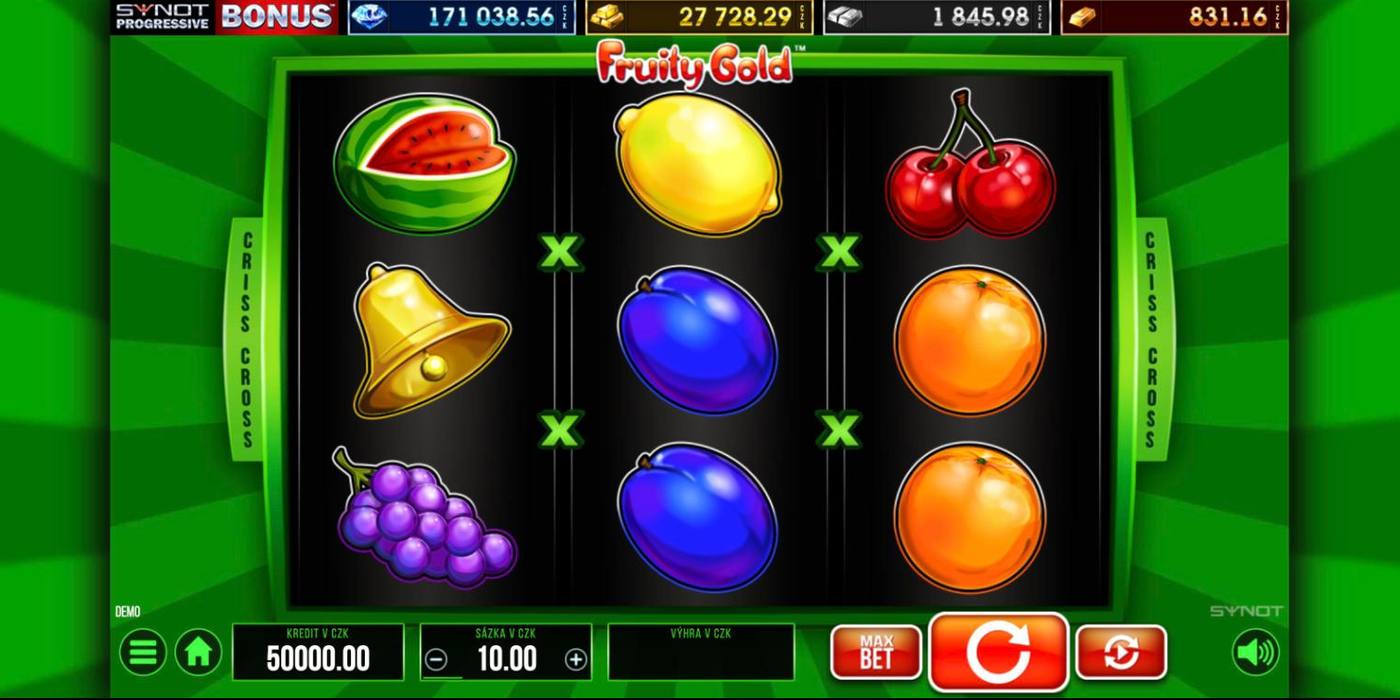Automat Fruity Gold od SYNOT Games: 3 válce s melounem, zvonkem, hrozny, švestkami a pomeranči