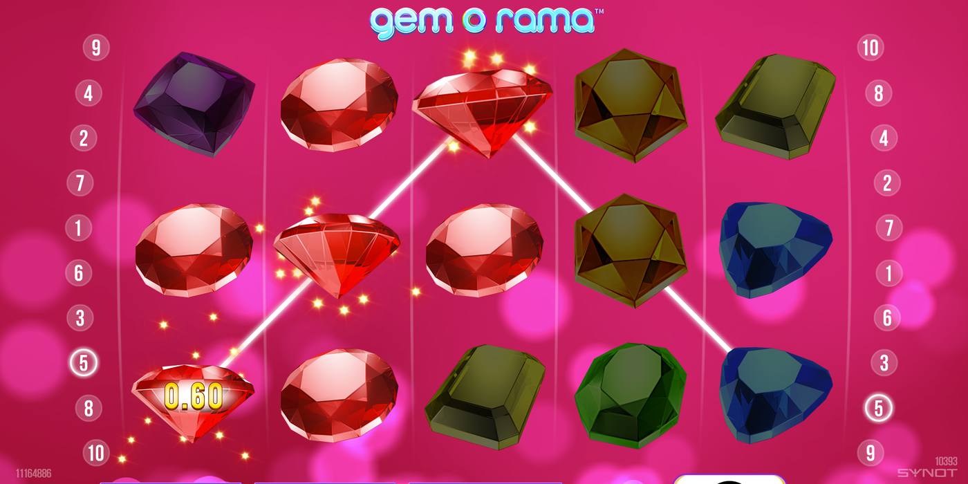 Automat Gem-O-Rama od Synot Games: 5 válců s barevnými drahokamy a výherní linií na růžovém pozadí