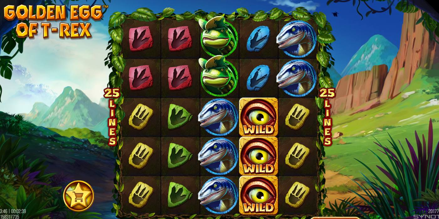 Automat Golden Egg of T-Rex od Synot Games: herní pole 5 × 5 s dinosaury, stopami a wildy v podobě oka v pravěké krajině