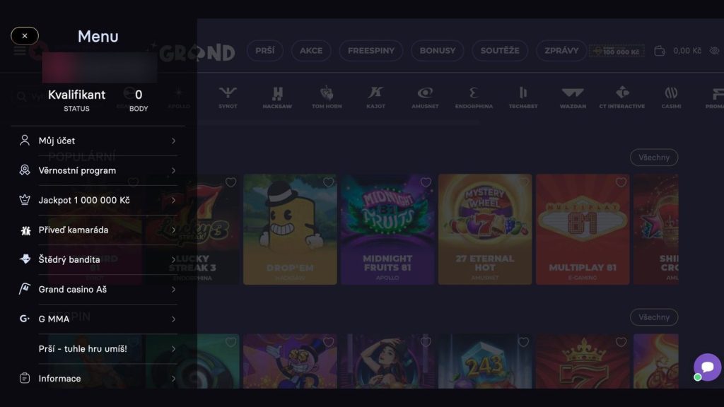 Menu GrandWin casina s položkami Můj účet, Věrnostní program, Jackpot, Přiveď kamaráda a G MMA