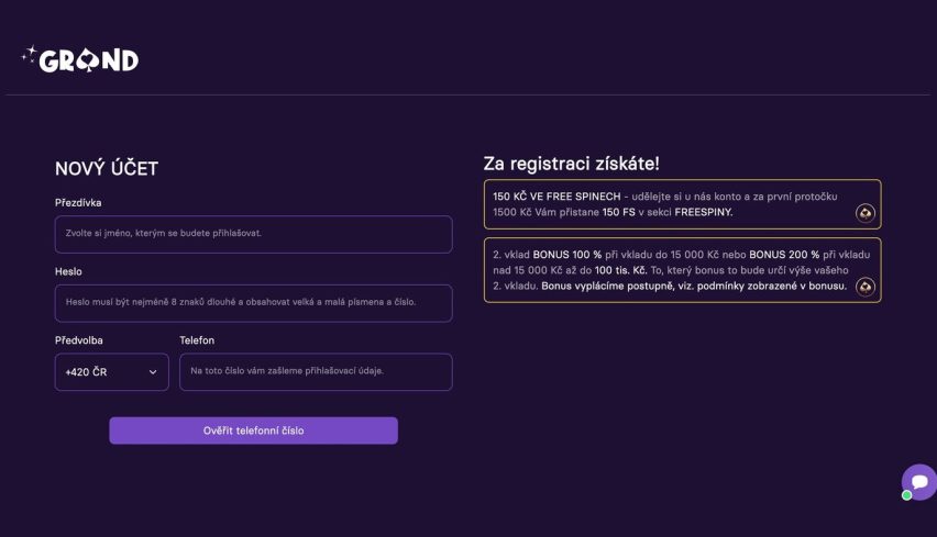 GrandWin casino: registrace nového účtu