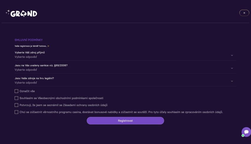 GrandWin casino: registrace, smluvní podmínky