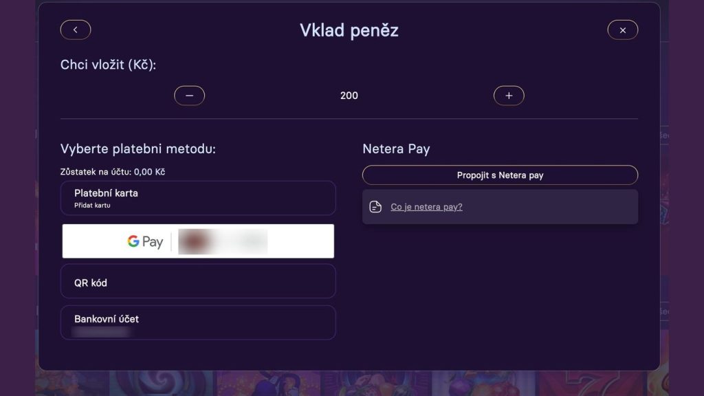 Vklad peněz v GrandWin casinu: platební karta, Google Pay, QR kód, bankovní účet a Netera Pay