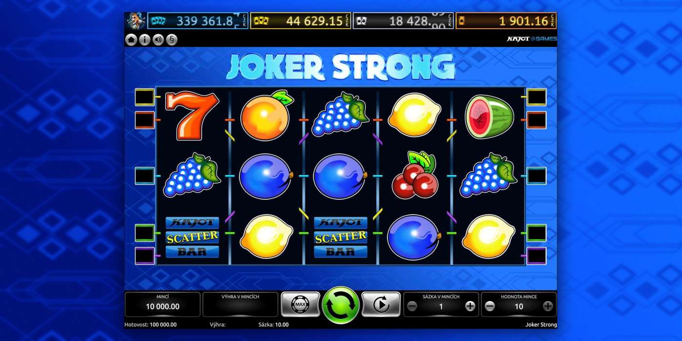 Automat Joker Strong od Kajot: 5 válců s ovocnými symboly, sedmičkou a Kajot Scatterem