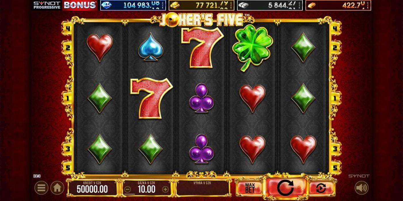 Automat Joker's Five od Synot Games: 5 válců se sedmičkami, čtyřlístkem a karetními symboly v demu Fortuny