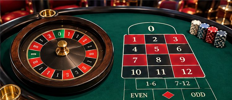 Malé ruletové kolo s čísly 0 až 12 a plátno mini rulety se sázkami 1-6, 7-12, sudá, červená a lichá
