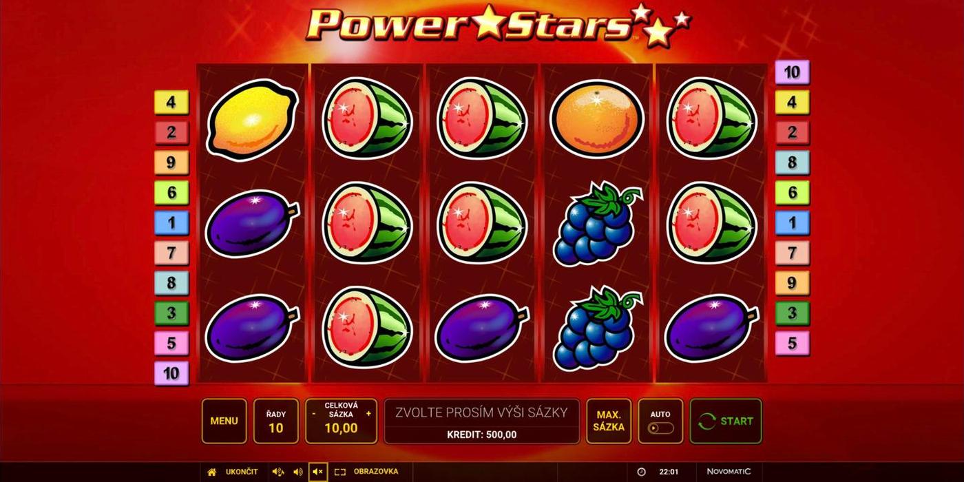 Automat Power Stars od Novomatic: 5 válců s citronem, švestkami, melouny, pomerančem a hrozny na červeném pozadí