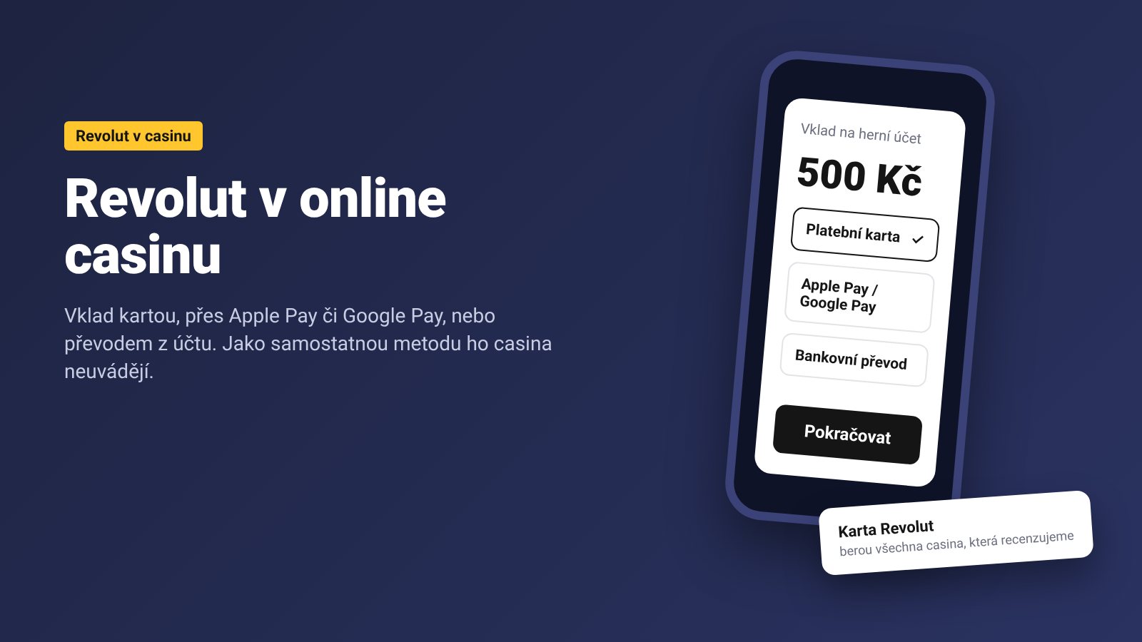 Pokladna casina s volbou platební karty, Apple Pay a převodu pro platbu Revolutem