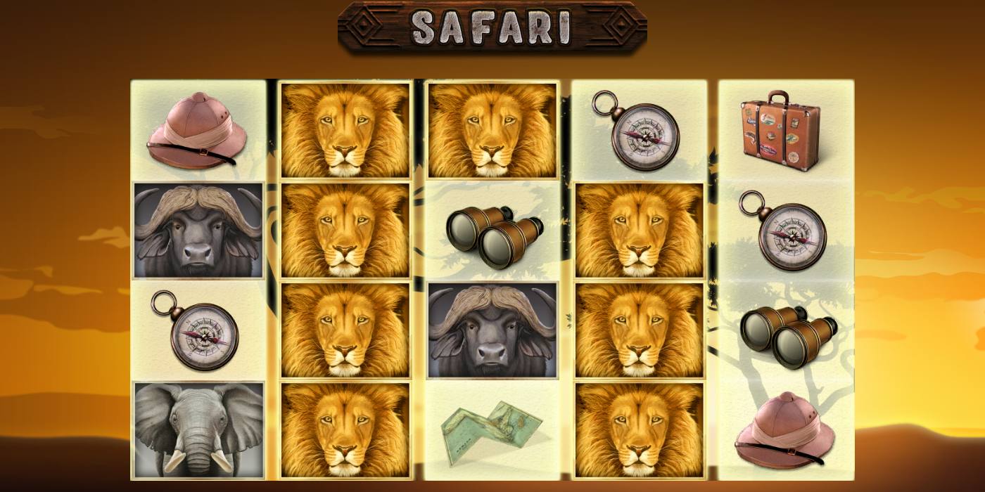 Automat Safari od Endorphina: herní pole 5 × 4 se lvy, buvoly, slonem, kompasem a dalekohledem na pozadí africké savany
