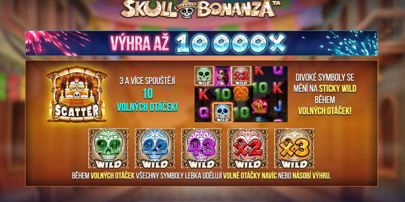 Automat Skull Bonanza od SYNOT Games: Scatter, Sticky Wild symboly a free spiny