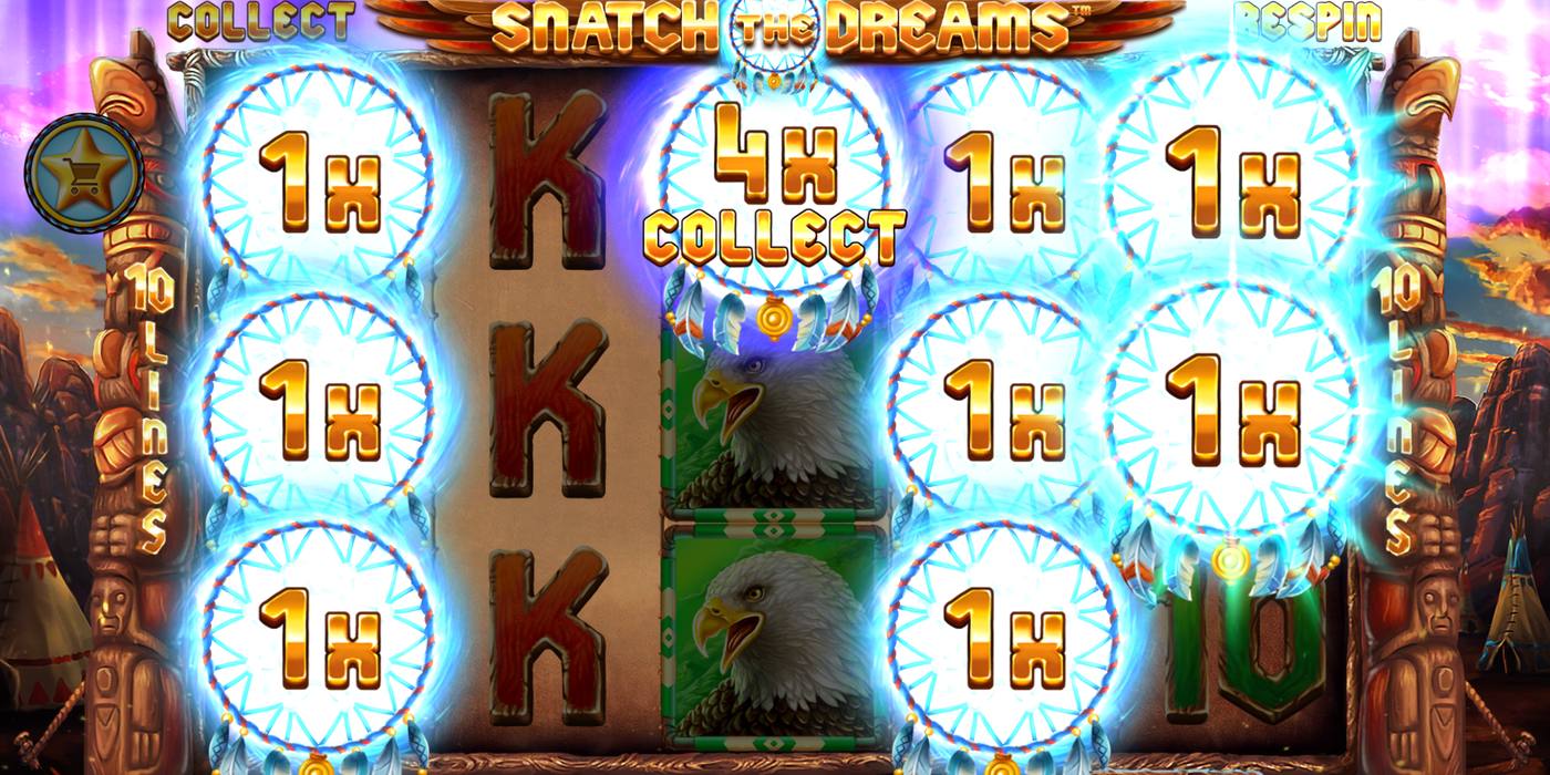Automat Snatch the Dreams od Synot Games: lapače snů s hodnotami a symbol Collect na válcích mezi indiánskými totemy