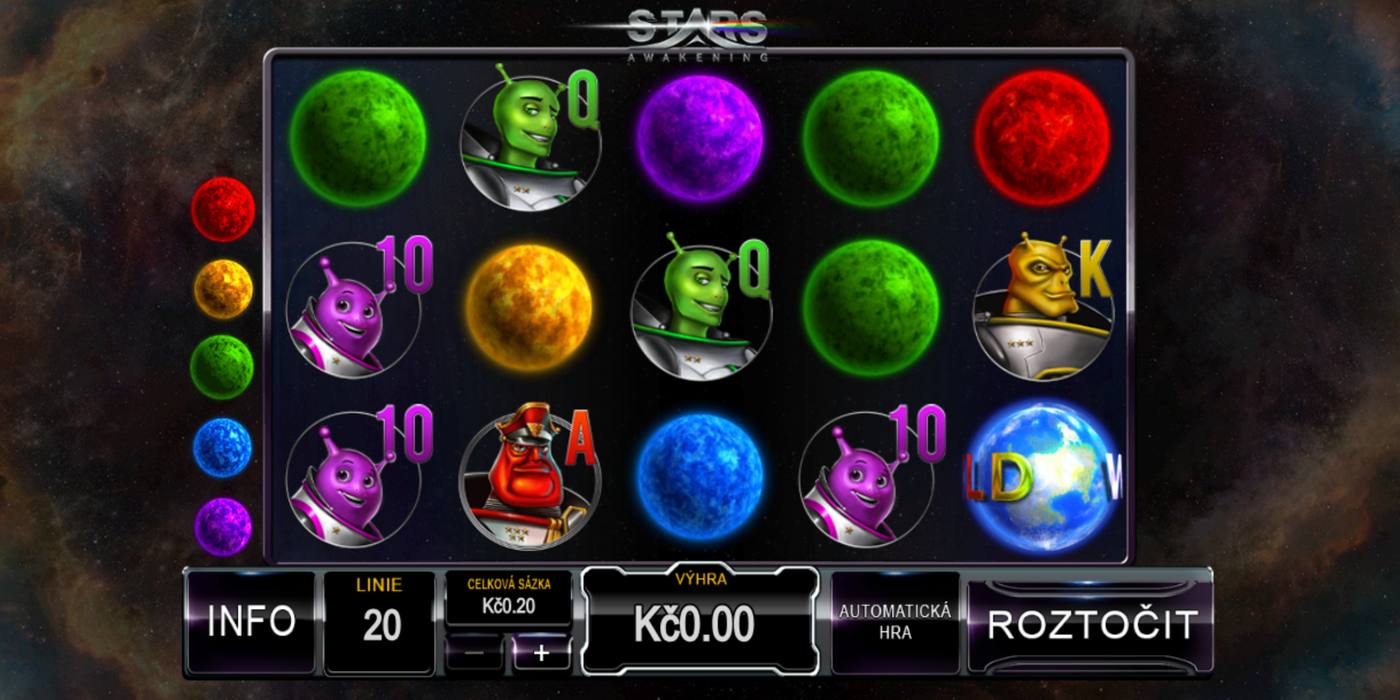 Automat Stars Awakening od Playtech: 5 válců s planetami, mimozemšťany a symbolem Wild, vlevo pět planet s vysokými výhrami