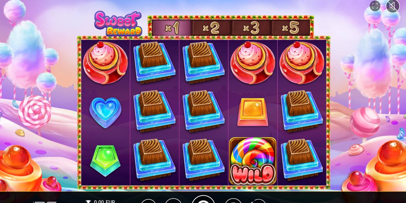 Automat Sweet Reward od BF Games: 5 válců s čokoládami, bonbony a Wildem ve tvaru lízátka, nad válci stupnice násobitelů ×1 až ×5