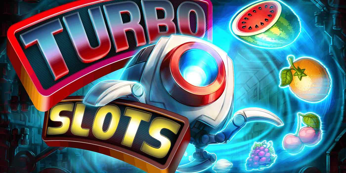 Automat Turbo Slots od Apollo Games: logo hry, robot Wild a ovocné symboly