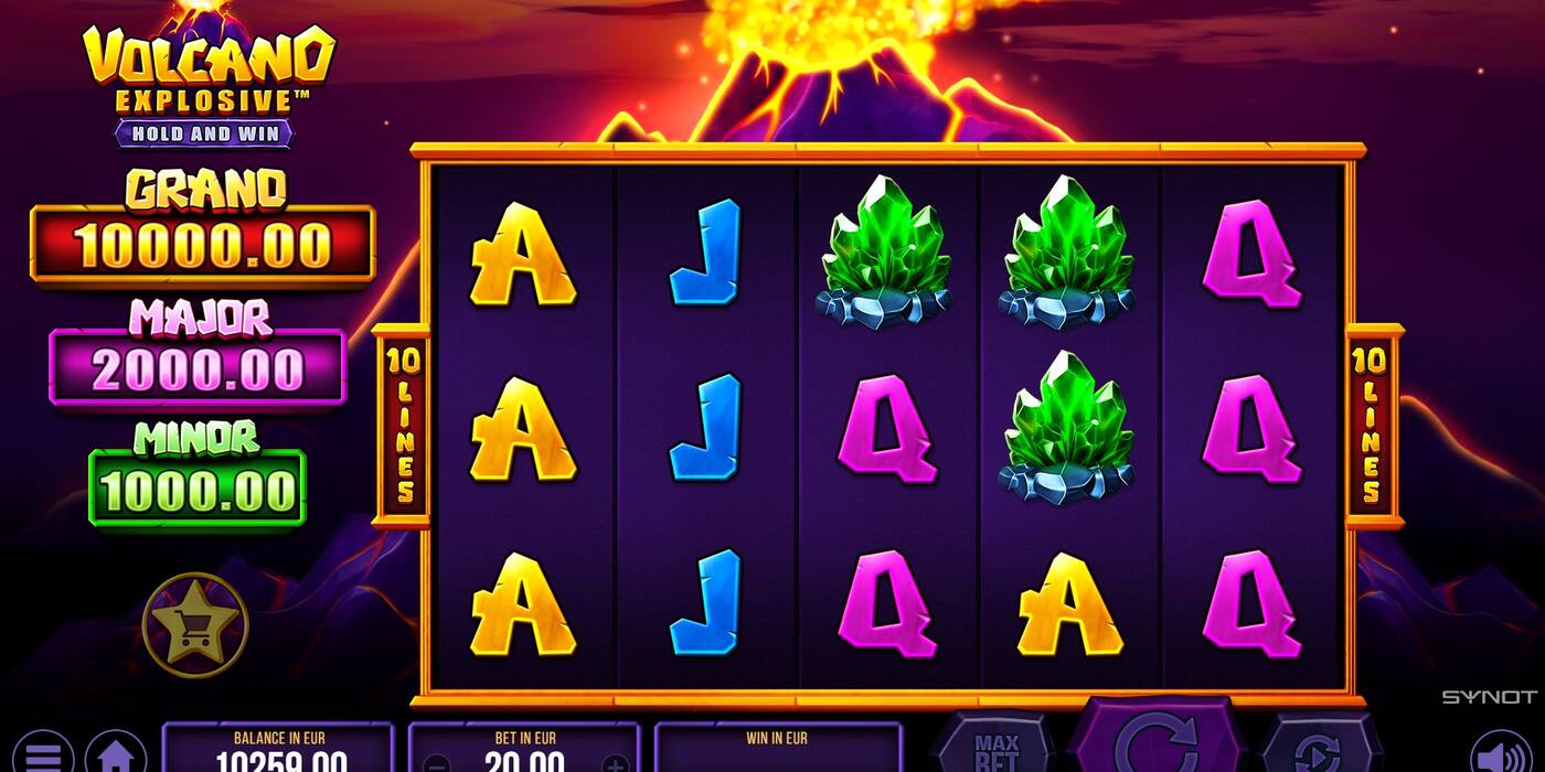 Automat Volcano Explosive od SYNOT Games: 5 válců s krystaly a písmeny pod vybuchující sopkou, vlevo ukazatele Grand, Major a Minor
