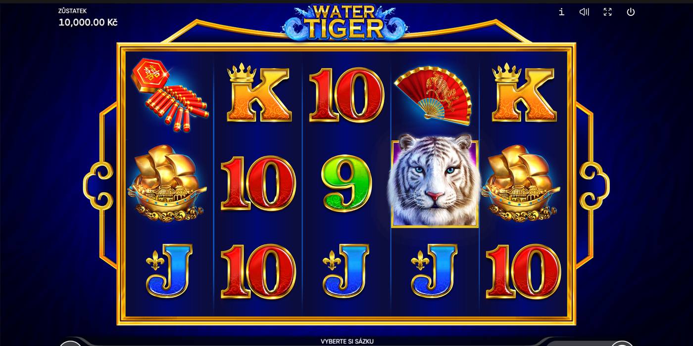 Automat Water Tiger od Endorphiny: 5 válců s bílým tygrem, zlatou lodí, vějířem, petardami a písmeny v demu Fortuny