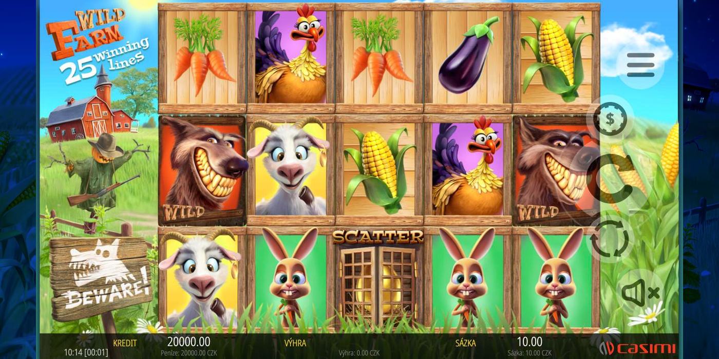 Automat Wild Farm od Casimi: válce v dřevěných bednách s krávou, kozou, zajíci, slepicí a dvěma vlky Wild v oficiálním demu výrobce